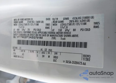 2019 Ford F-250 Xl z USA, uszkodzony, nr VIN 1FT7W2BT3KEG70180